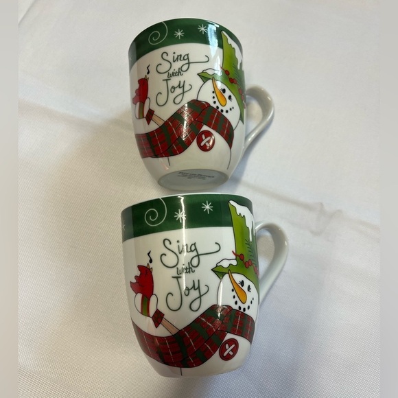 ❄️ 2 Mugs Fitz & Floyd 12oz Coffee Tea Cups Holly Hat Snowman Sing With Joy Mugs - Picture 8 of 8